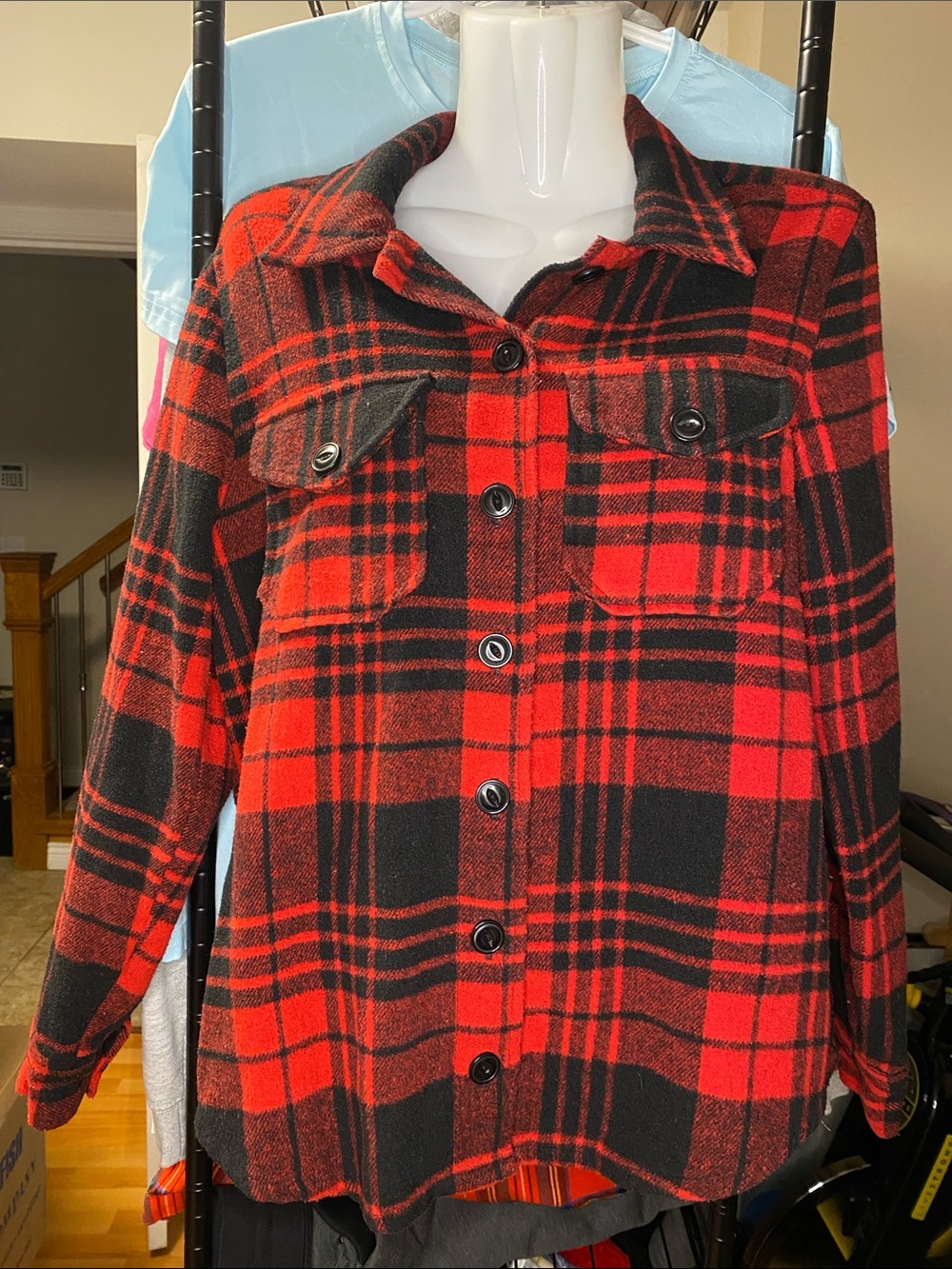 Forever 21 Red and Black Plaid Wool Blend Button-Front Shirt Jacket